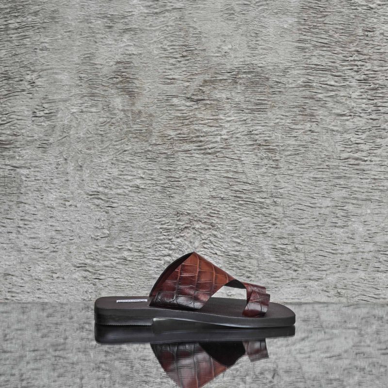 Thong Sandal Walnut Brown Crocodile Embossed Leather
