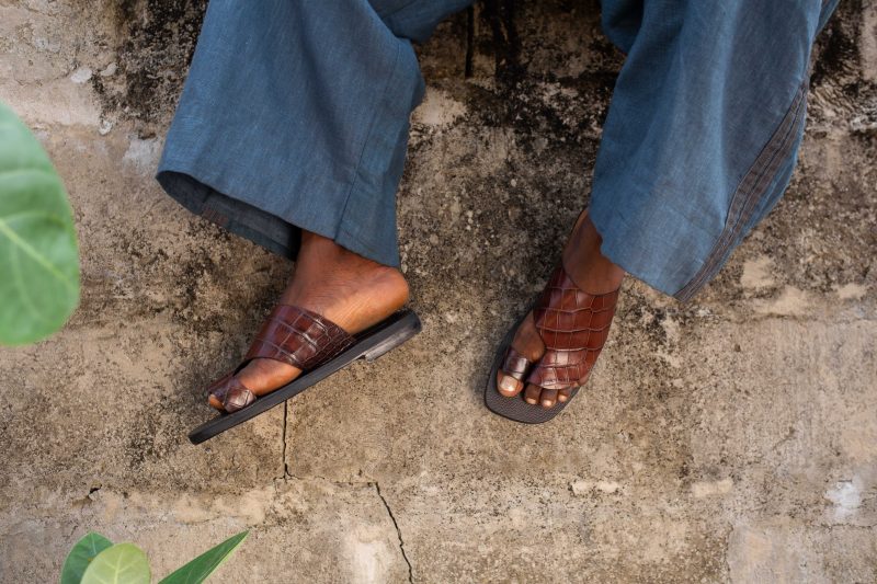 Thong Sandal Walnut Brown Crocodile Embossed Leather