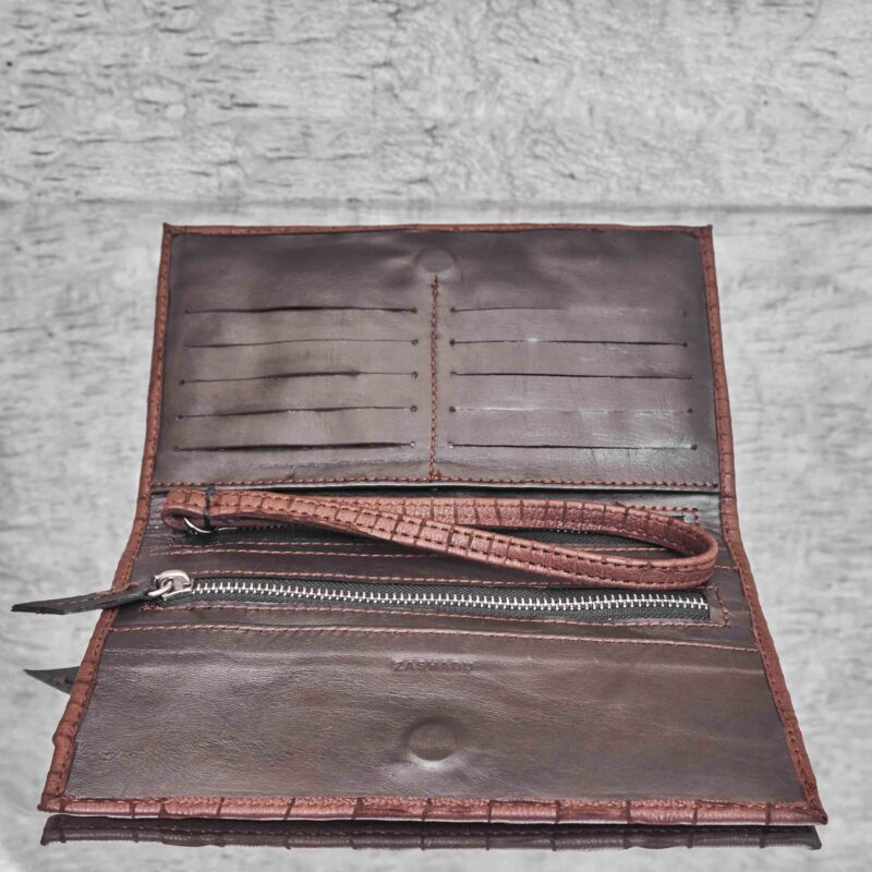 Travel Wallet Wood Brown Python Snake Embossed Leather