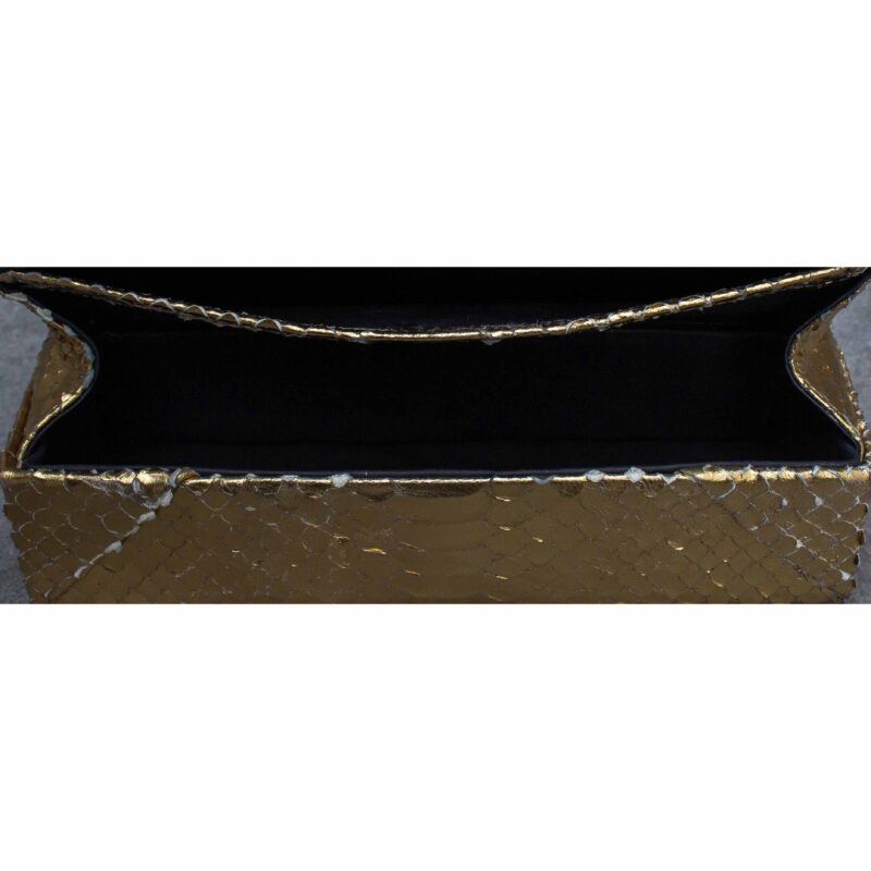 Box Clutch Elongated Distressed Metallic Gold Python Snake Embossed Leather