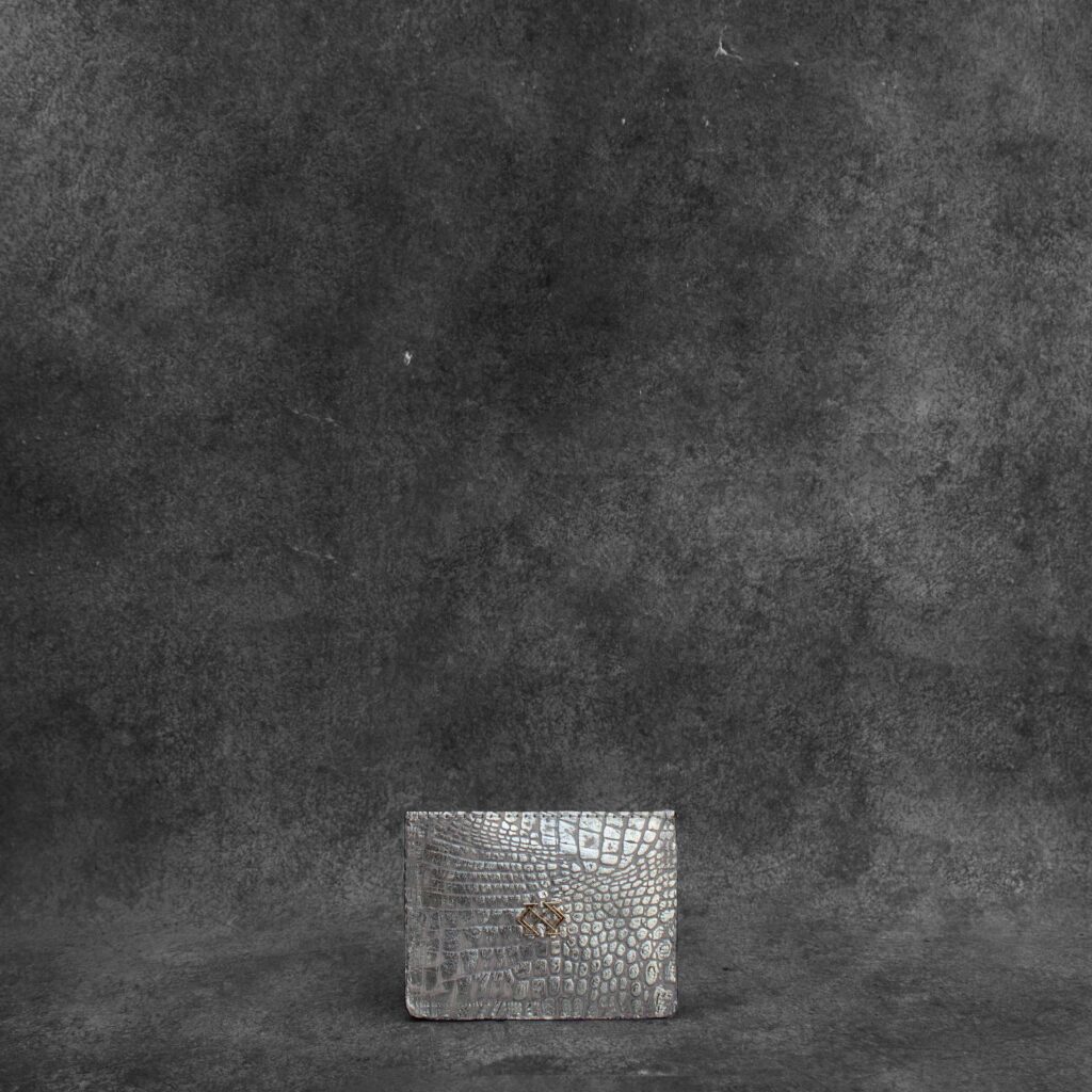 Credit Card Holder Distressed Metallic Silver Crocodile Embossed Leather