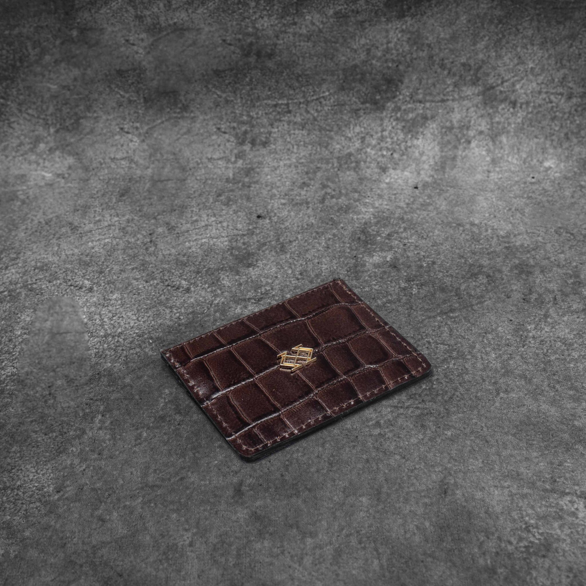 Credit Card Holder Chocolate Brown Crocodile Embossed Leather