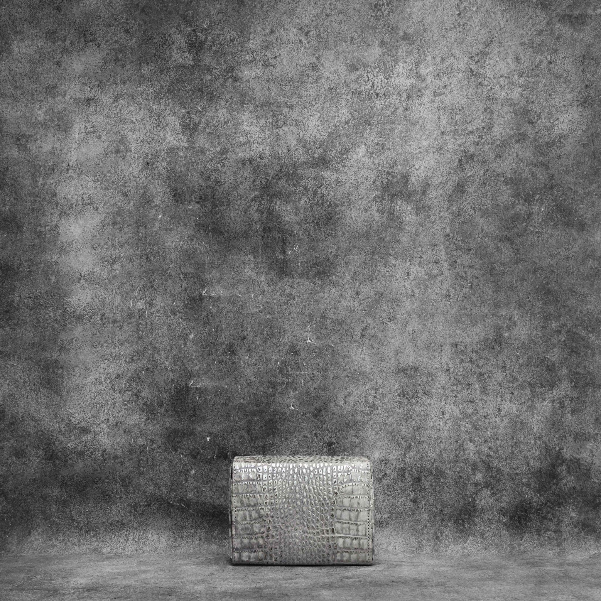 Box Clutch Classic Distressed Grey Crocodile Embossed Leather Champagne Gold Effect