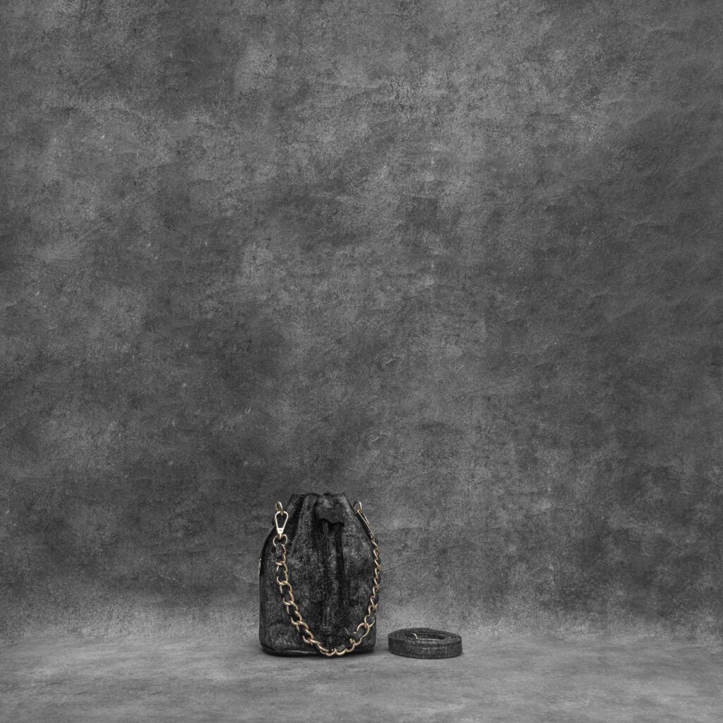 Mini Bucket Bag Distressed Black Silver Effect Calf Skin Suedette Finish