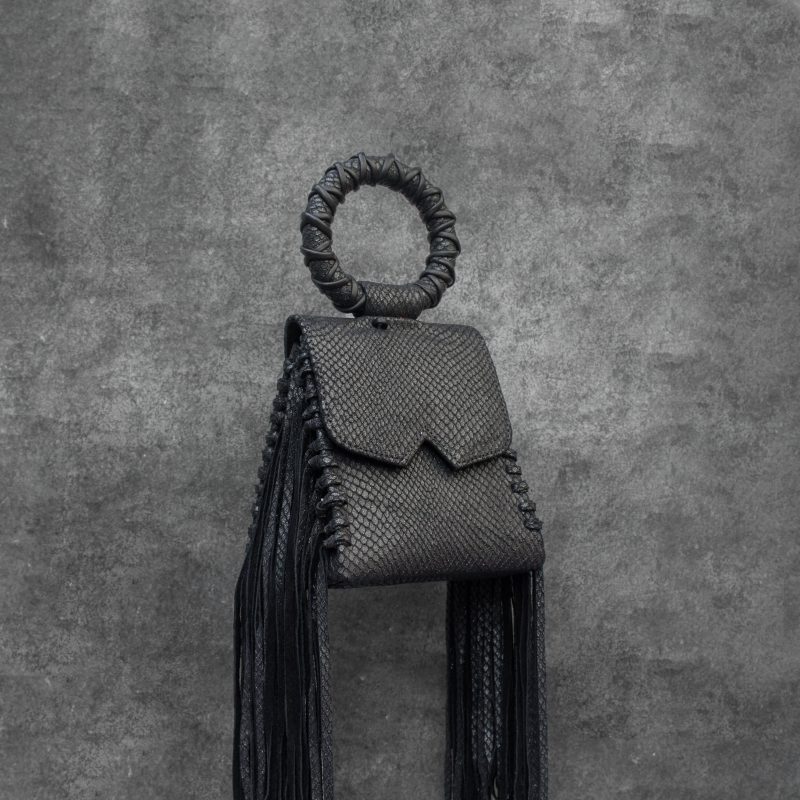 Muse Fringe Bag Metallic Black Snake Embossed Leather
