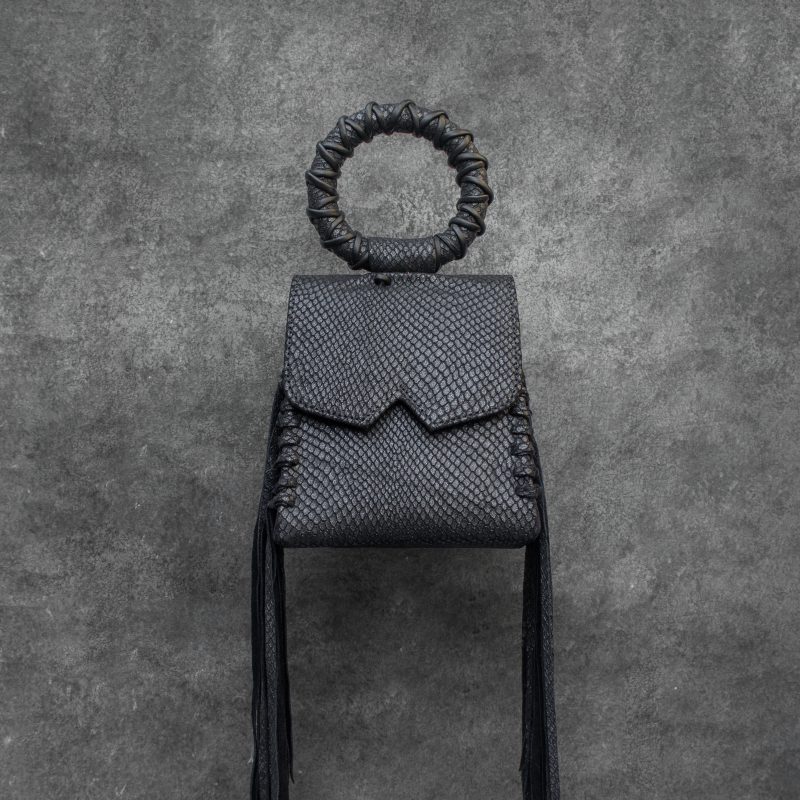 Muse Fringe Bag Metallic Black Snake Embossed Leather