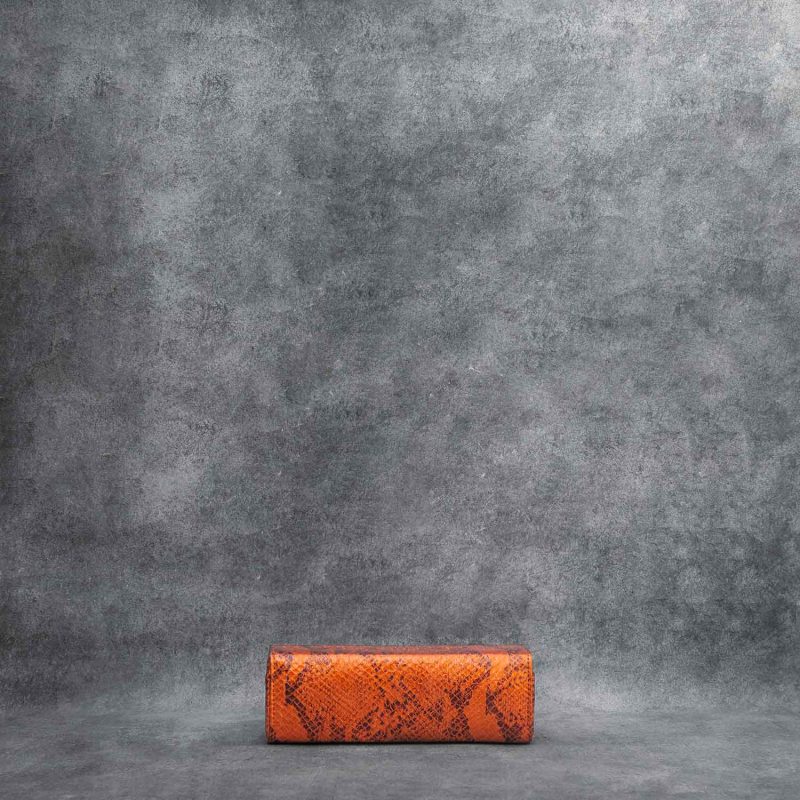 Box Clutch Elongated Metallic Orange Snake Embossed Leather