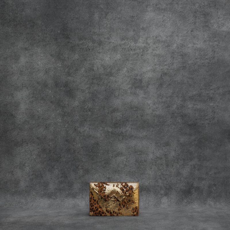 Box Clutch Mini Distressed Metallic Brown Leopard Print Gold Splash Calf Skin