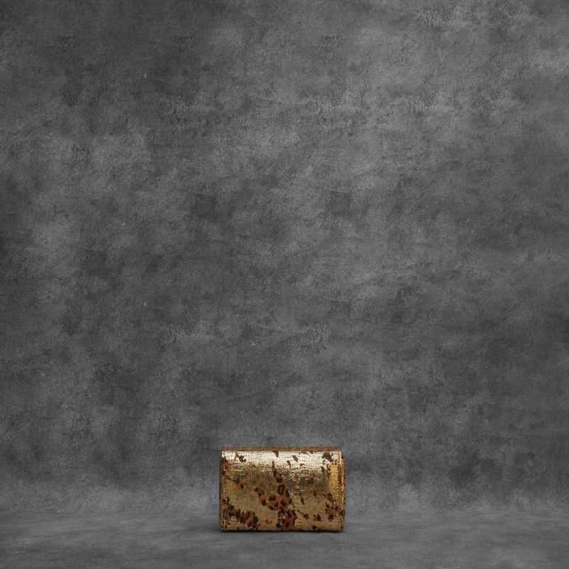 Box Clutch Mini Distressed Metallic Brown Leopard Print Gold Splash Calf Skin