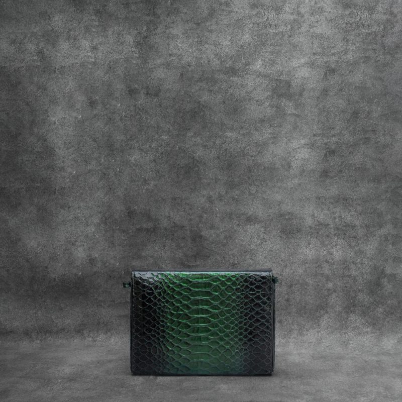 Box Clutch Madam Patent Green Python Snake Embossed Leather Black Calf Hide Insert